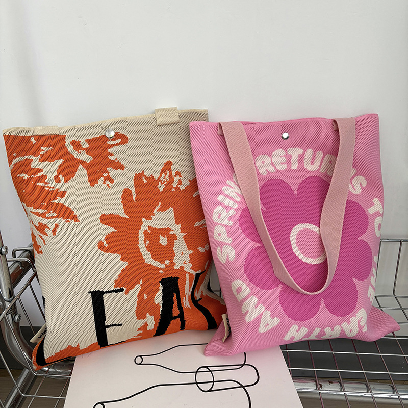 Bolsa de mano de punto de diseño simple flor frutas color contrastante bolso de mano de viaje fuera de gran capacidad bolso de hombro