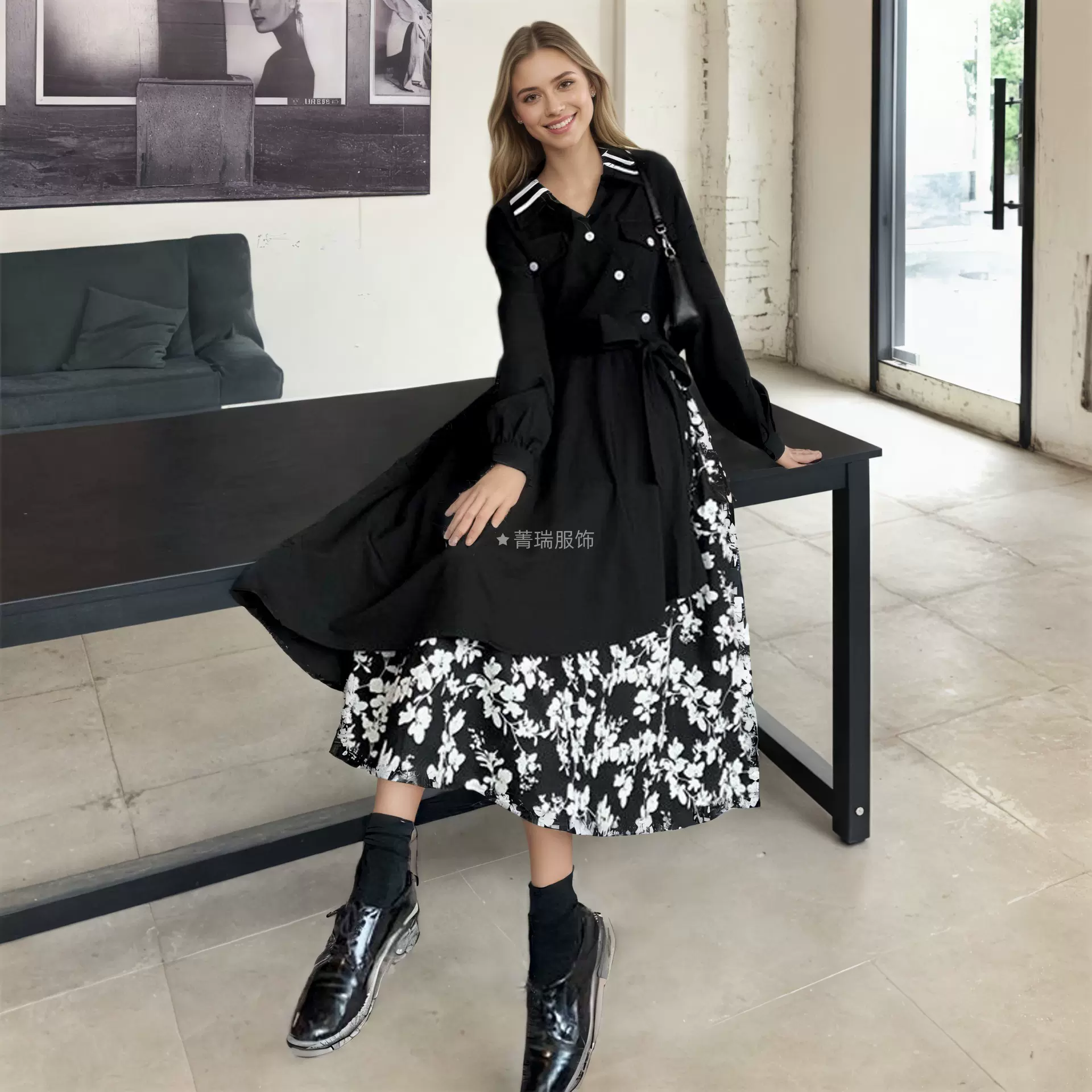 亚马逊速卖通春季通勤法式优雅V领收腰撞色印花中长款连衣裙