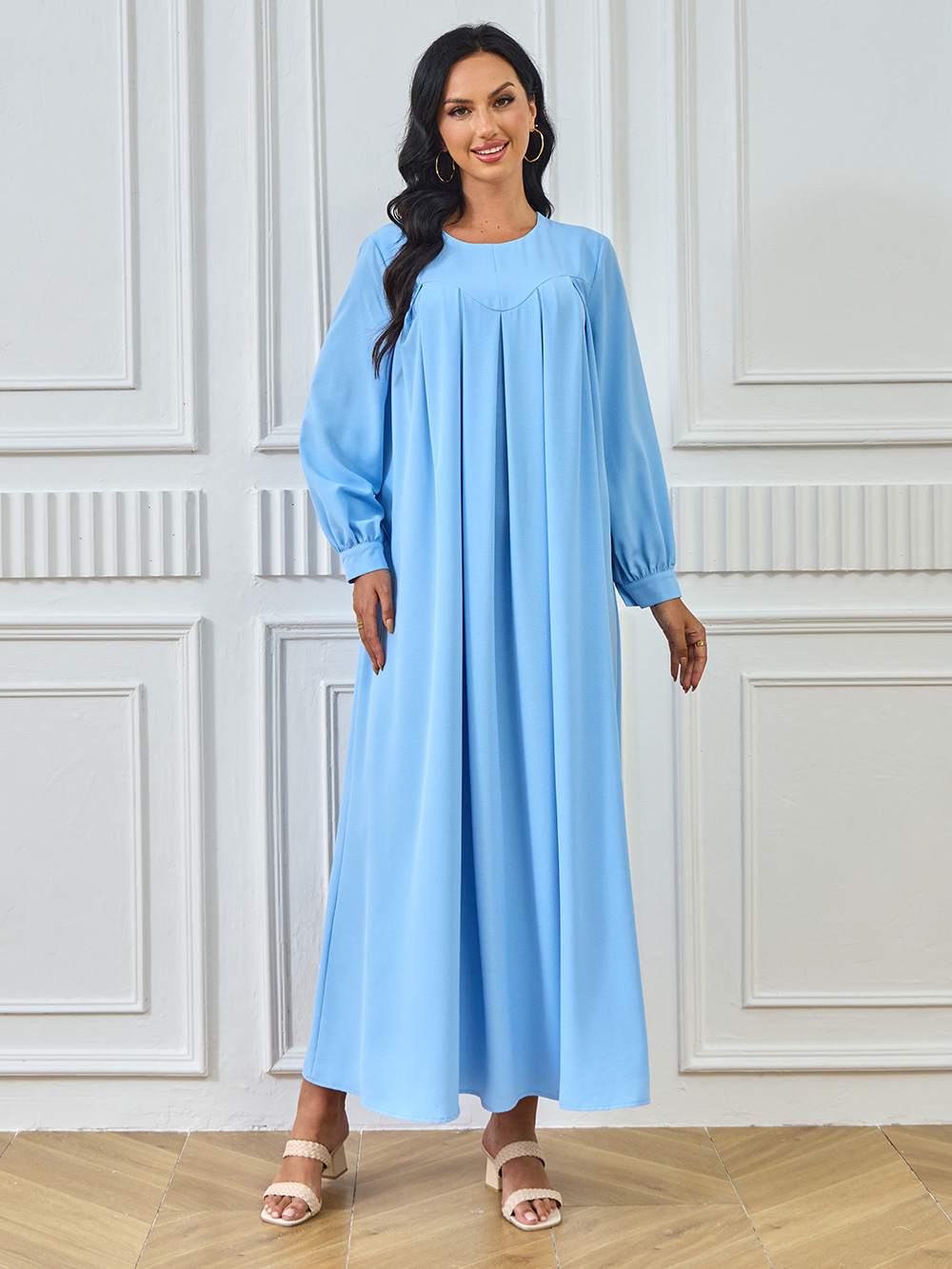 New Abaya Arab Cross-border Middle Eastern Muslim Robe Long-sleeved Solid Color Large Hem Dress Long Skirt Women's_ecoleips.com