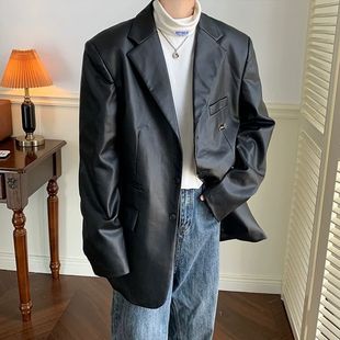 Black PU Leather Suit Jacket Men's Spring Korean-style Fashionable plus size Suit High-grade Texture Ruffian Handsome Leather Jacket