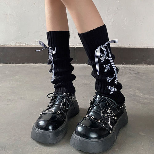 Japanese cute cross lacing JK socks autumn and winter warm leg sleeve long tube socks vertical stripe lolita pile socks 