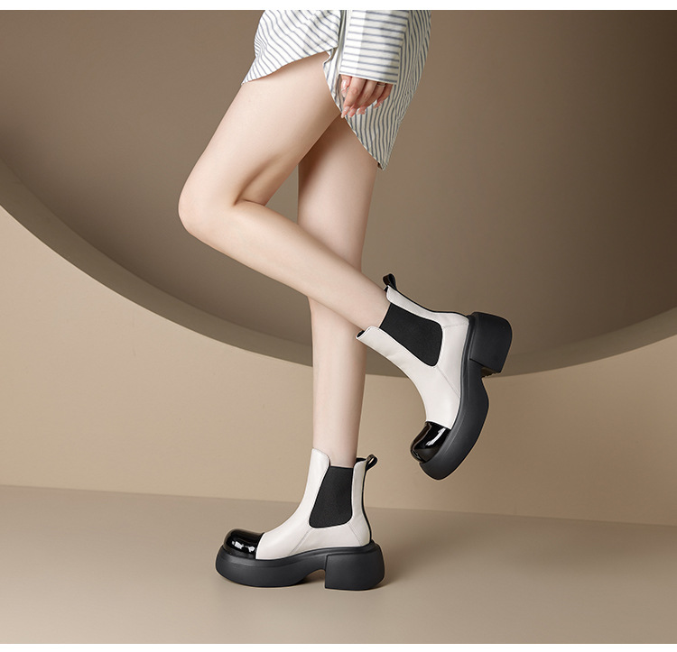 Giày boot Chelsea da thật cổ ngắn phối màu thu đông 2025, gót 6cm đế dày — đen, Màu trắng nhạt chi tiết 12