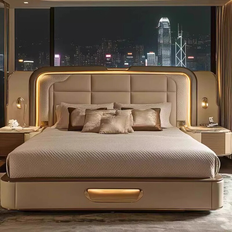 New Luxury Double Bed with Soft Fabric Upholstery, Master Bedroom Large Bed, Wedding Bed, Multifunctional Double Bed, Leather Bed, Mixed Material