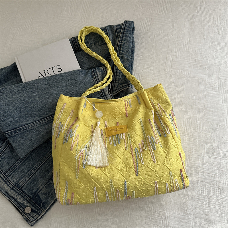 Bolsa de lona bordada a rayas de gran capacidad para mujeres 2024, nueva bolsa de hombro para estudiantes universitarios de clase