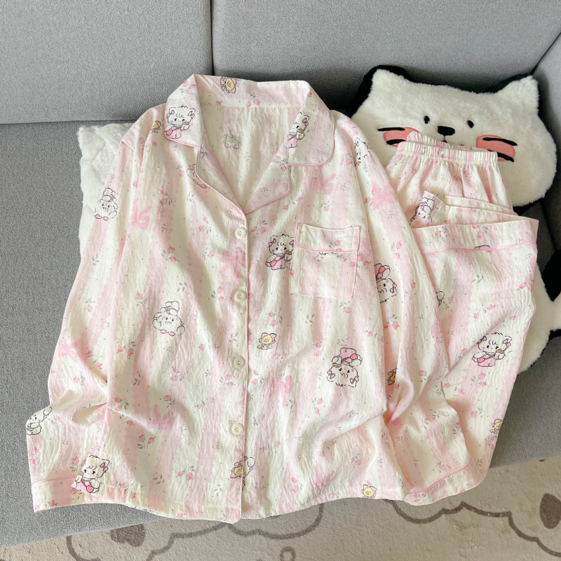 东南亚跨境云朵棉睡衣女士春秋季长袖长裤印花翻领可爱家居服套装|undefined