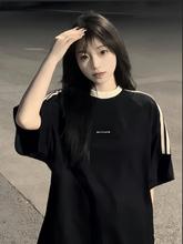 美式黑色三条杠短袖恤女大童夏装初中高中学生宽松半袖上衣