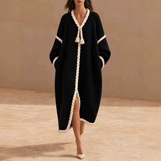 2026跨境欧美独立站秋冬新款女士编织绳饰边罗纹针织连衣裙