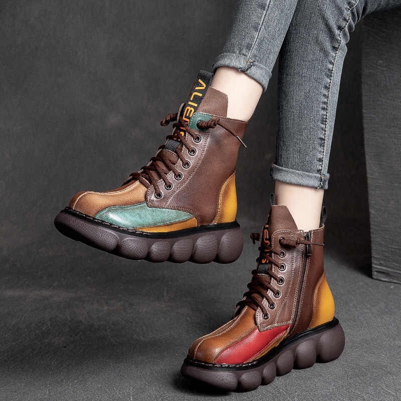 Autumn New lace-up short boots thick bottom muffin rainbow retro soft leather women's boots fashion flow contrast color Martin boots Autumn New lace-up short boots thick bottom muffin rainbow retro soft leather women's boots fashion flow contrast color Martin boots