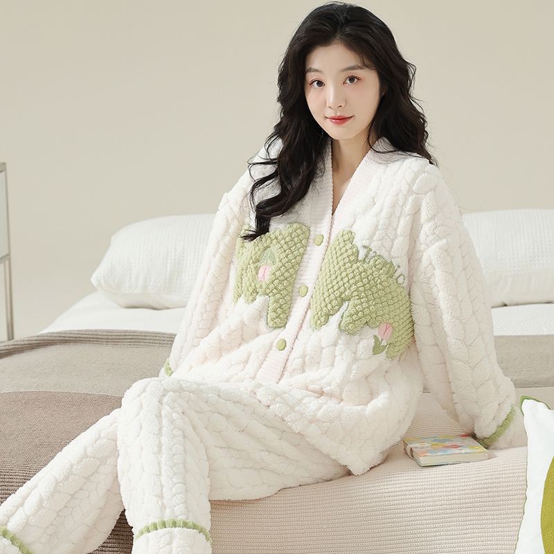 잠옷 여성의 가을과 겨울 한국 스타일 두꺼운 플란넬 V 넥 긴 소매 카디건 달콤한 귀여운 세트 따뜻한 집 옷