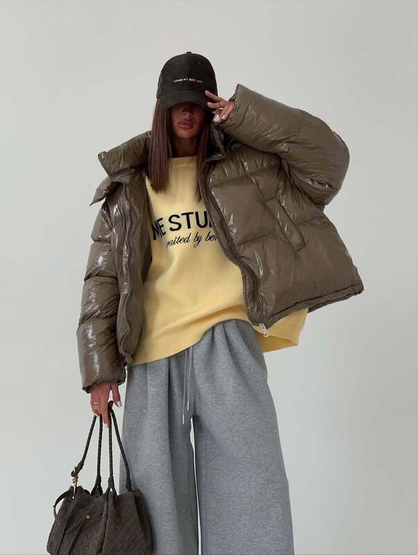外贸新款亮面科技感棉服女围巾领保暖慵懒风面包服棉袄外套潮女士|undefined