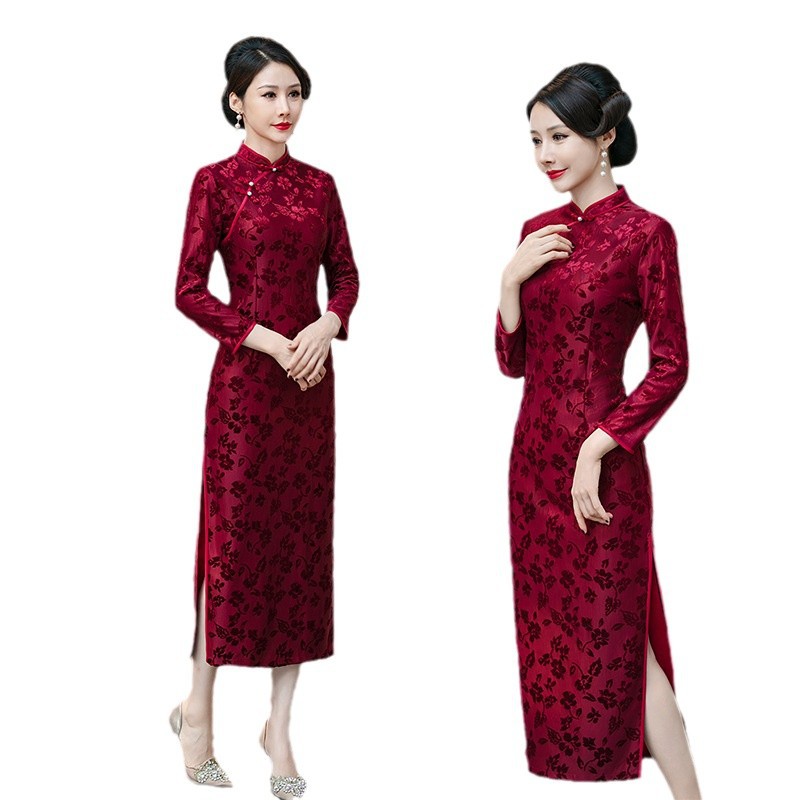 붉은 청삼 신부 결혼식 파티 원피스 슬림핏 높은 허리 중간 원피스 기지 원피스 중년 여성 원피스