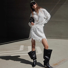 欧美秋季新款美式高街破烂风宽松连帽毛衣显瘦包臀裙毛织套装女