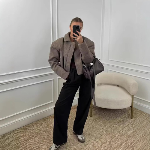 European and American Women's Spring Streetwear Fashion Lapel Zip-Up Wool Coat