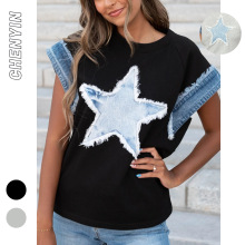 ins热销欧美春夏女士棉牛仔星星贴布水洗圆领宽松T恤