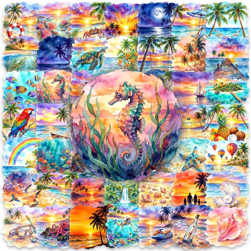 Cross-Border Direct Purchase of 50 Watercolor Ins-Style Tropical Beach Pet Transparent Stickers with Hawaiian Flair for Seaside Decoration Cross-Border Direct Purchase of 50 Watercolor Ins-Style Tropical Beach Pet Transparent Stickers with Hawaiian Flair for Seaside Decoration