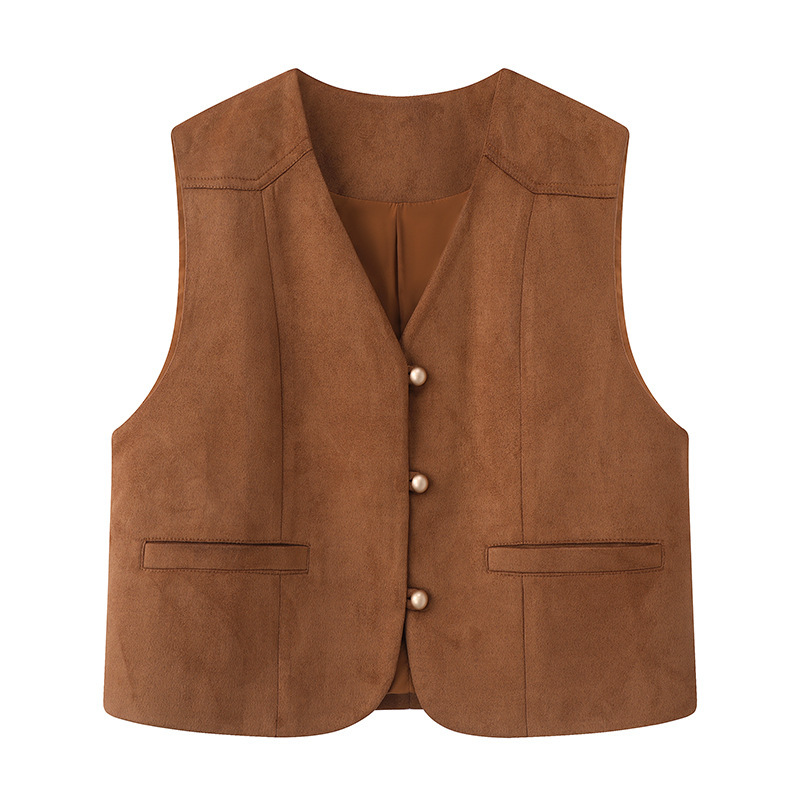 Brown suede waistcoat vest women's autumn new fashion high-end V-neck slim stacked waistcoat