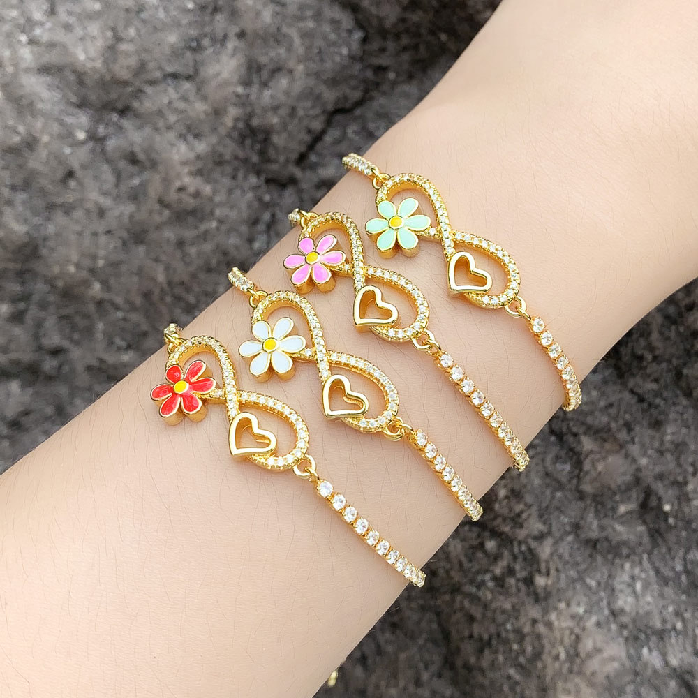Fashion Heart Shape Flower Copper Enamel Plating Inlay Zircon Bracelets 1 Piece