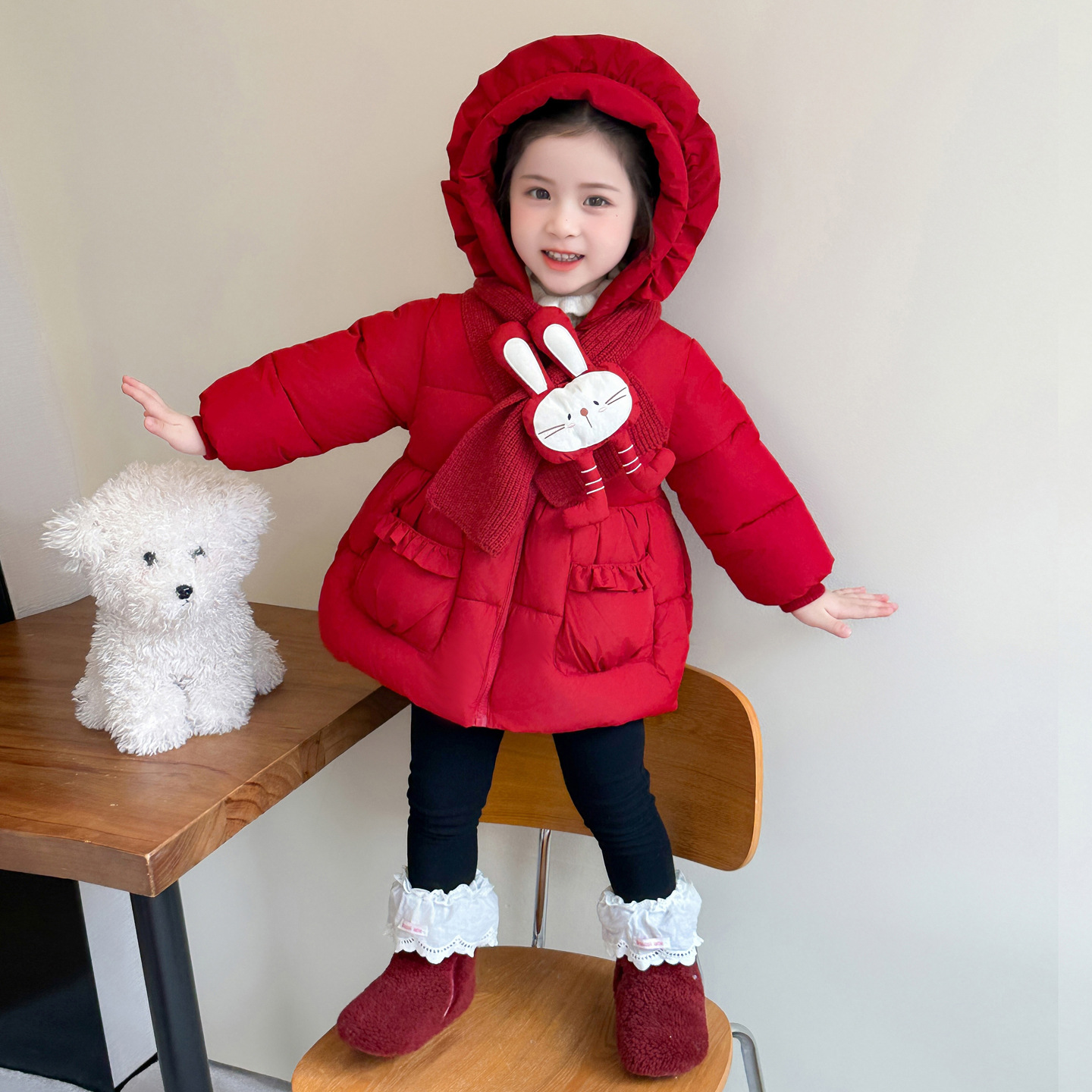 Chaqueta de invierno para niñas 2025 nuevo invierno para niños rojo medio largo bebé grueso abrigo de moda image 6