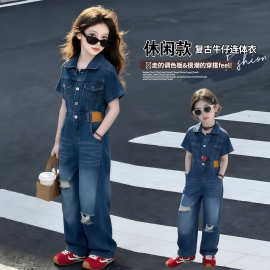 2026女童装夏季新款韩版时尚休闲百搭破洞牛仔连体裤阔腿连衣裤