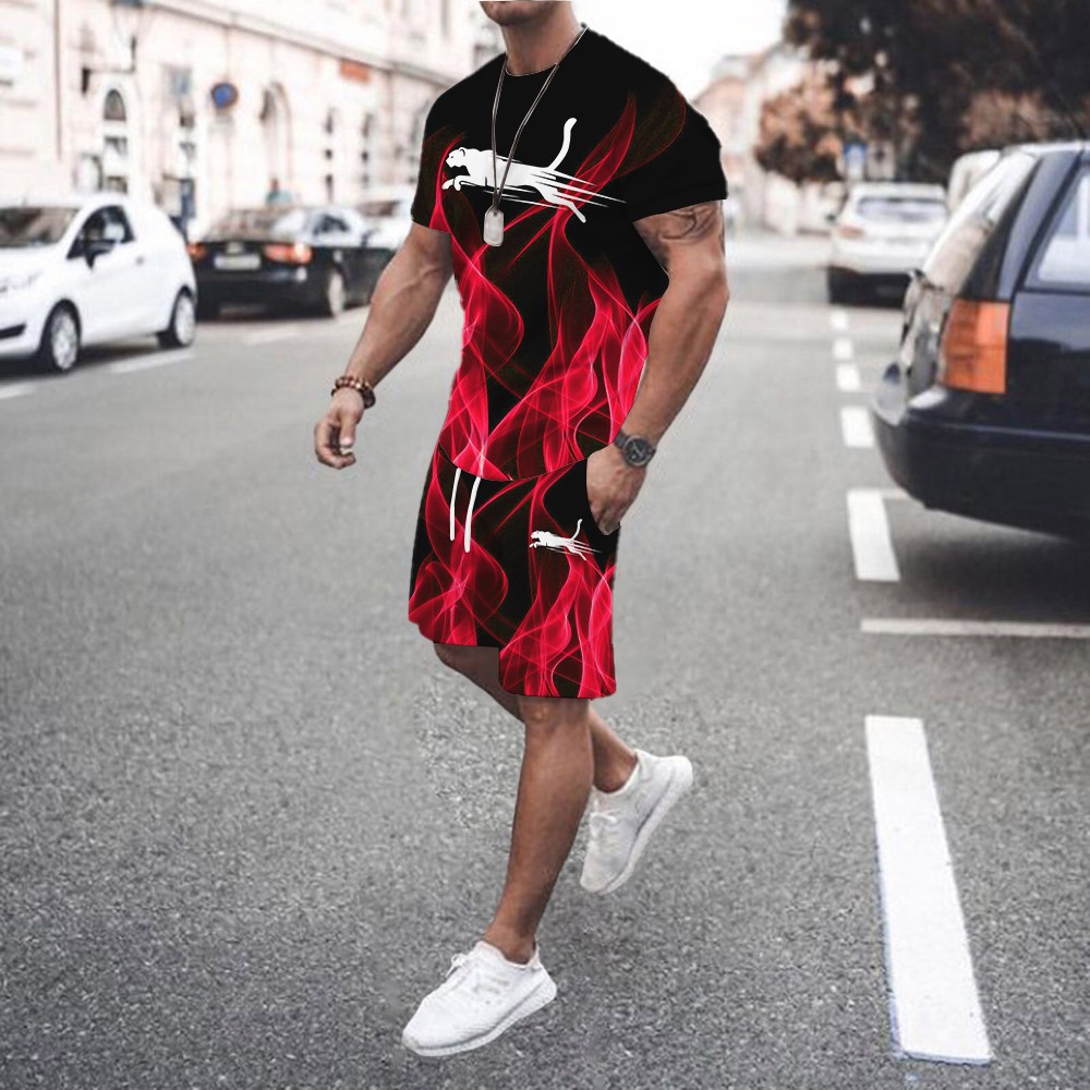 Completo estivo da uomo composto da due pezzi: camicia a maniche corte sottile e ampia e magliette taglie forti e pantaloncini abbinati Mingshi_voghion.com