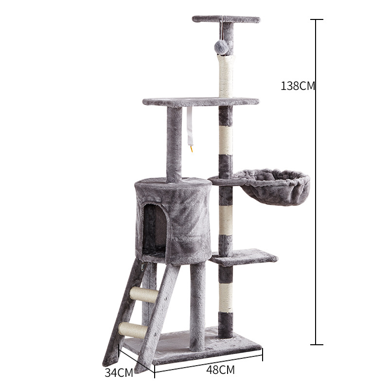 Marco de escalada para gatos de franela personalizado al por mayor, estructura de madera multicapa, raspador de juguetes para gatos con casa para gatos, cuerda de sisal, apartamento de columna de agarre