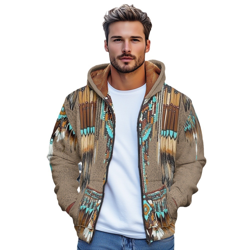 Giacca in cotone spesso con cappuccio e cerniera da uomo, stile europeo stampato, autunno/inverno 2024_voghion.com