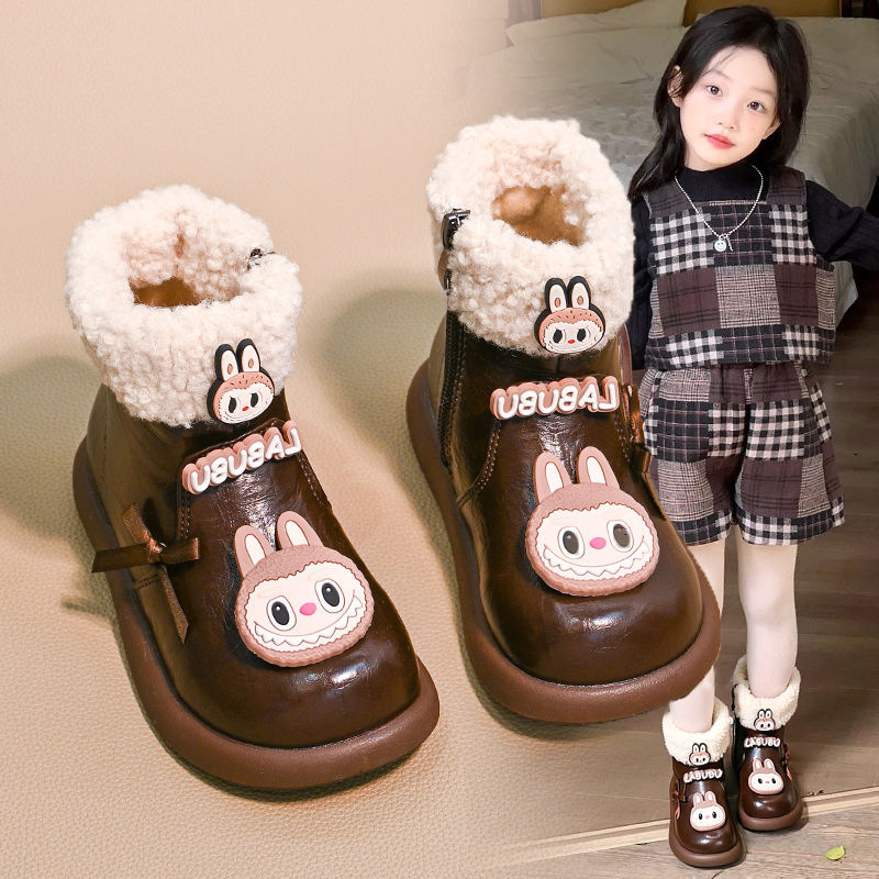 Children's Leather New Short Boots Girls Autumn and Winter Boots Cloth Plus Velvet Cartoon Labu Cotton Boots Girls 2025 Middle and Large Kidsren