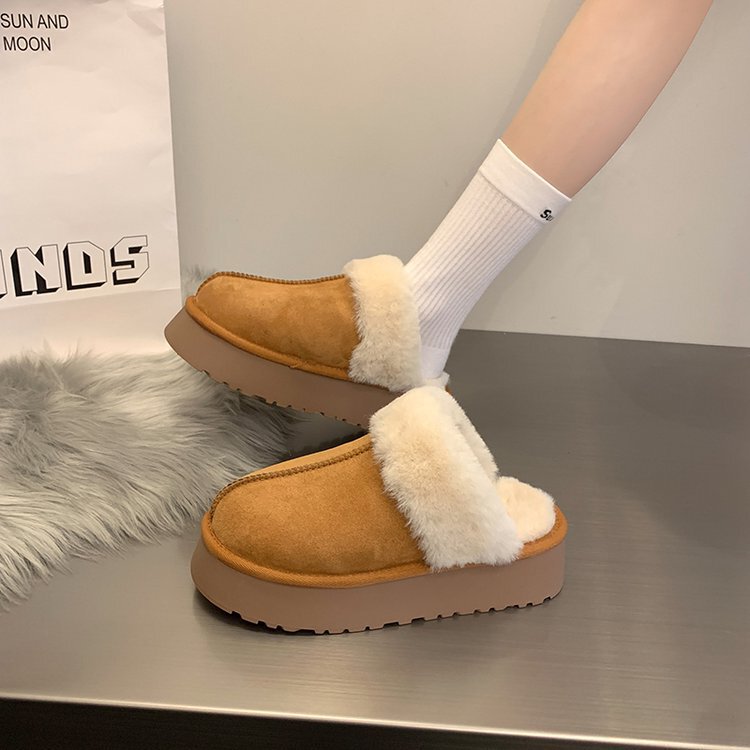 Retro Fur Slippers for Women, 2025 New Style, Fur Integrated Thick-Soled Snow Boots, Closed-Toe Flat-Soled Half-Slip Cotton Shoes