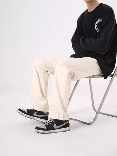 xxbro Men's Clothing #Off-White Loose Elastic Versatile Slimming Disguising Straight Leg Pants Men's Fashion Casual