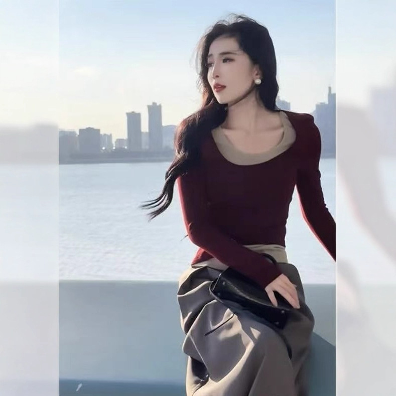 德绒撞色假两件长袖打底衫女早秋季修身显瘦洋气小众上衣外穿潮|undefined