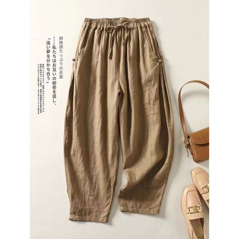 Хлопчатобумажные укороченные брюки свободная новая весна и лето тонкий ретро пряжка с высокой талией шнуровка эластичный пояс повседневные шаровары женские