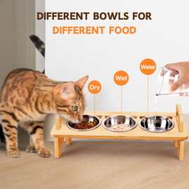 跨境木质猫碗架不锈钢三碗斜口护颈椎猫食盆防打翻宠物猫碗
