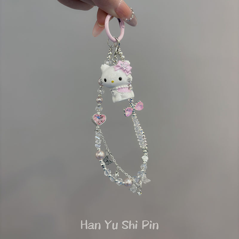 漫画甘いピンクガーリーハートビーズ花携帯電話チェーン新しいファッショナブルな KT 猫ペンダントキーホルダーペンダント|undefined