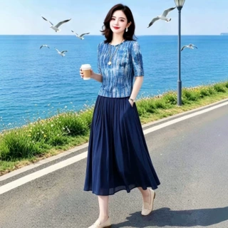 跨境唯美印花上衣松紧腰垂感飘逸半裙套装2026夏季新款时尚两件套