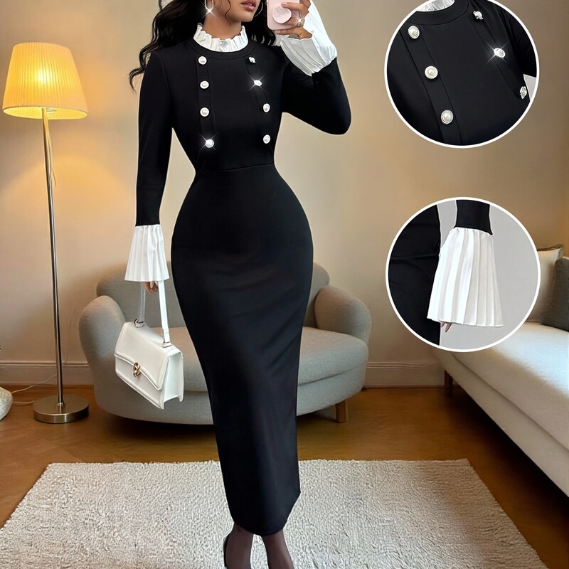Women's Autumn and Winter New Elegant Ruffled Contrast Color Gold Button Decorated Knitted Slim Long Skirt Suitable for Dating