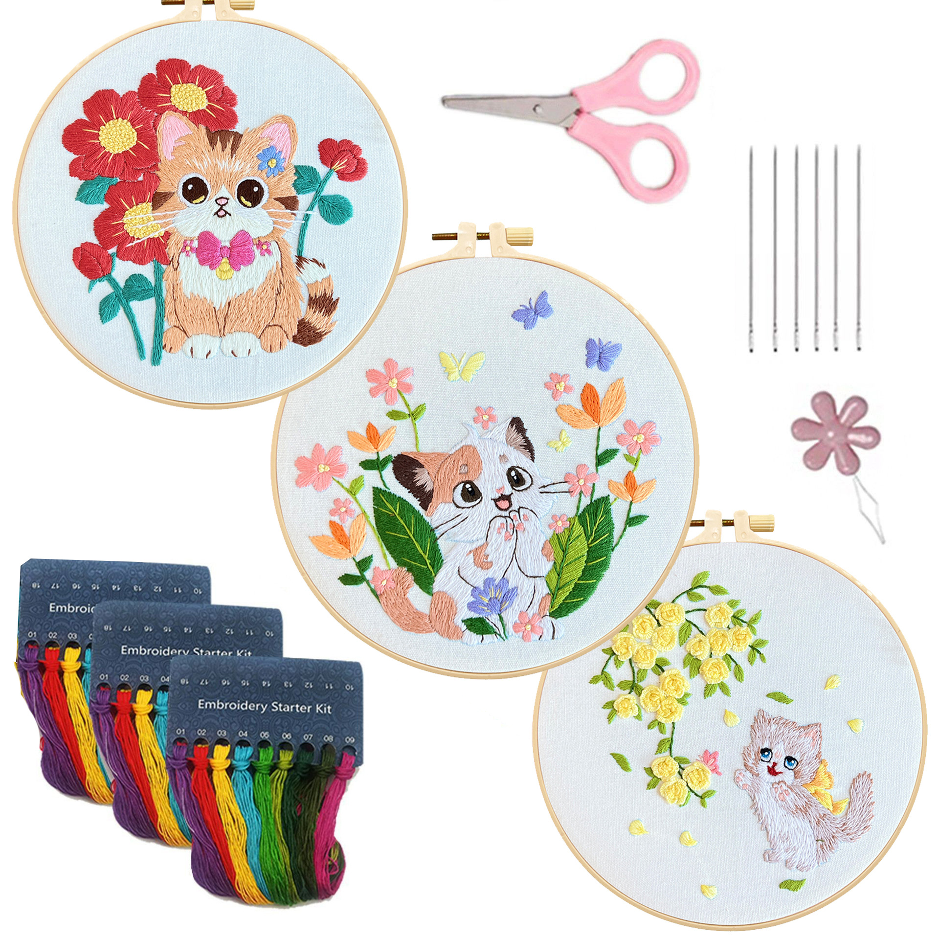 Flores y gatos set colgar dibujos animados Lu bordados animales Inglés novatos bolsos bordados diy material bolsos colgantes hechos a mano sala de estar
