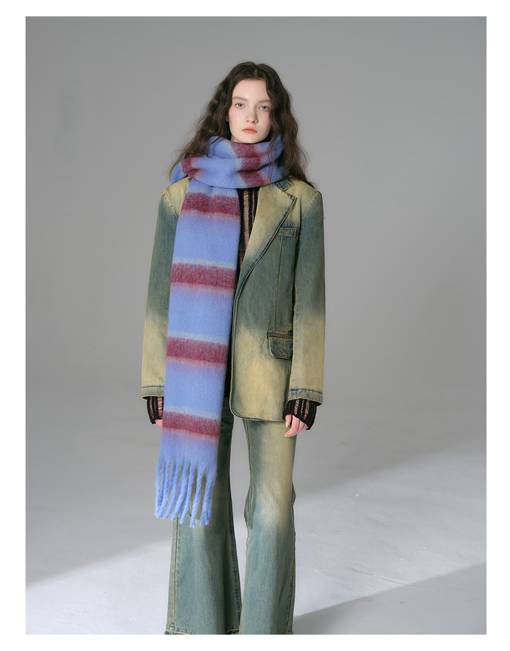 Sciarpa in cashmere imitazione barba spessa a righe abbinata a nuovi colori, scialle oversize con bavaglino oversize con frange e atmosfera morbida invernale da donna_voghion.com