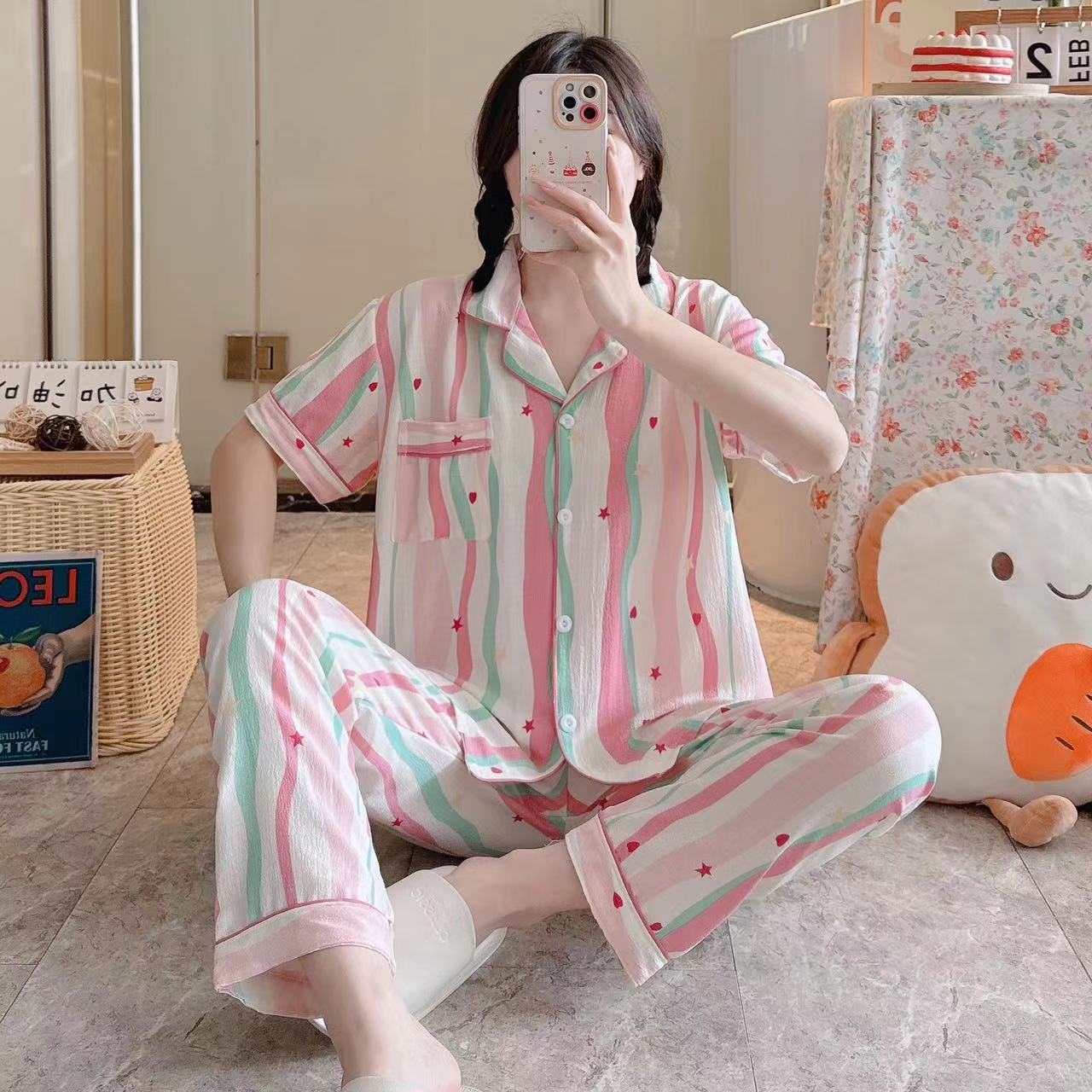 Pajamas de espuma tejidos de verano de algodón pantalones largos de mangas cortas ropa para el hogar de verano delgada de algodón conjunto de dos piezas