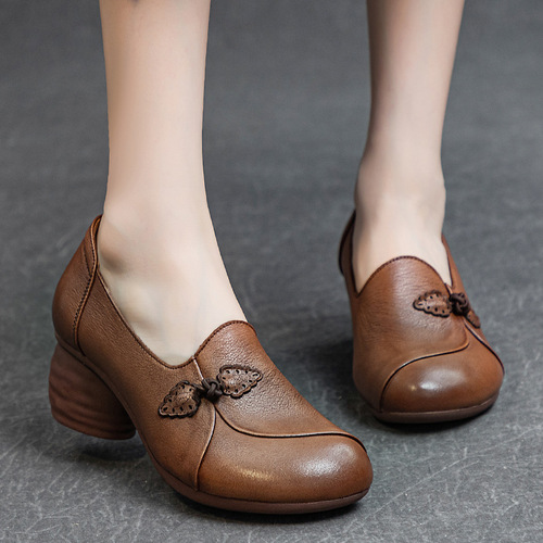  Fall New Women's Casual Single Shoes with Rough Medium Heel, Soft Sole, Washed Top-Grained Soft Calfskin Deep Slip-On Shoes