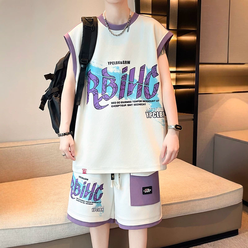Teenagers' Ice Silk T-Shirt Men's Summer High School and Junior High School Student Vest Shorts Handsome Big Kids Summer Sports Suit
