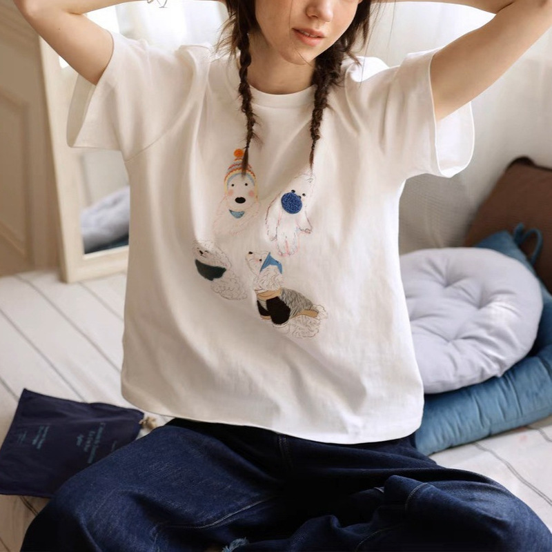 Enr 100 Quilt Cotton Four Puppies' Three-Dimensional Chic Fun Cartoon Hand-Painted Print Relaxed Skin Friendly Short-Sleeved T-Shirt