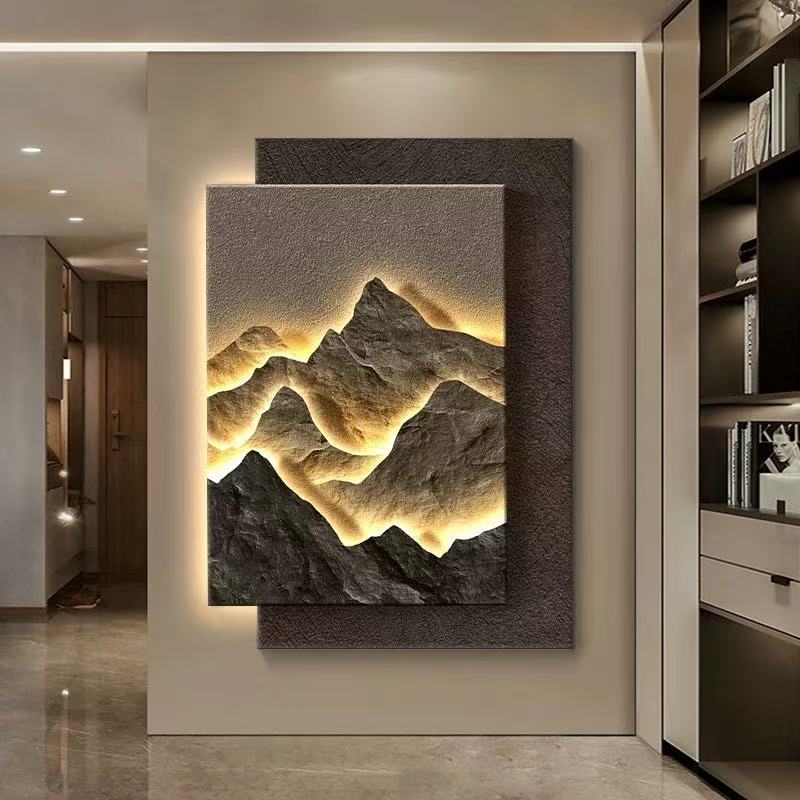 無垢材の玄関ホール装飾絵画新しい中国風のテクスチャ廊下わびさびフレームレス発光ハイエンドエンド吊り絵画|undefined
