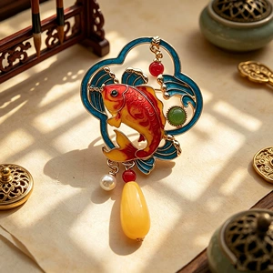 New Chinese-Style Imitation Enamel Koi Brooch, National Style Oil-Drip Imitation Jade Pin, Accessories for Qipao and Hanfu, Factory Wholesale