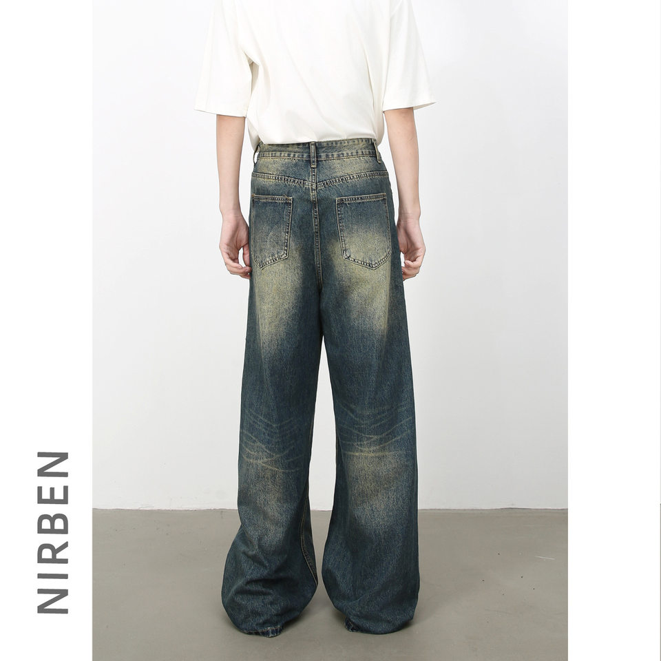 Quần jean nam ống rộng denim rách giặt cũ phong cách đường phố — Màu xanh lam, Đen xám