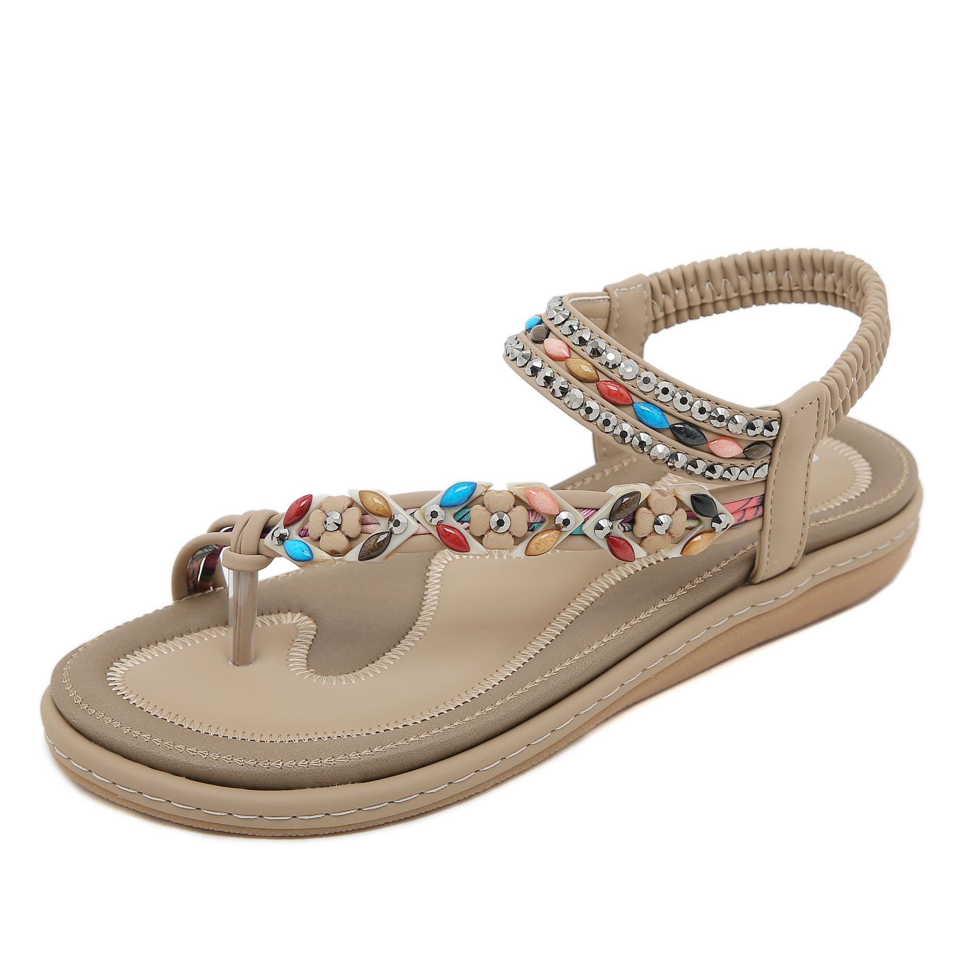 W676-3 nuevo verano 2024 sandalias rhinestone cómodo casual playa punta redonda Sandalias planas
