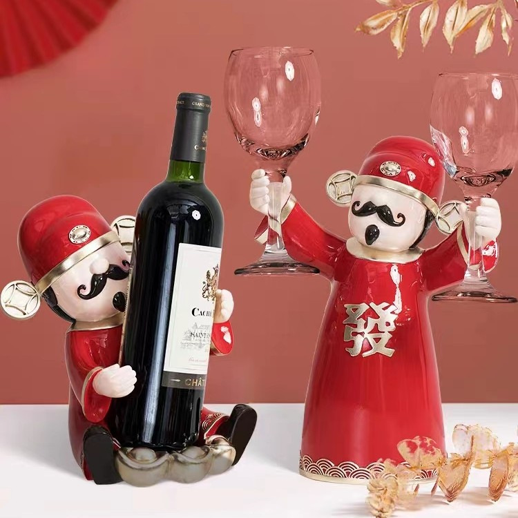 现代创意轻奢中式财神爷酒杯架酒柜摆件 客厅餐桌家居装饰工艺品