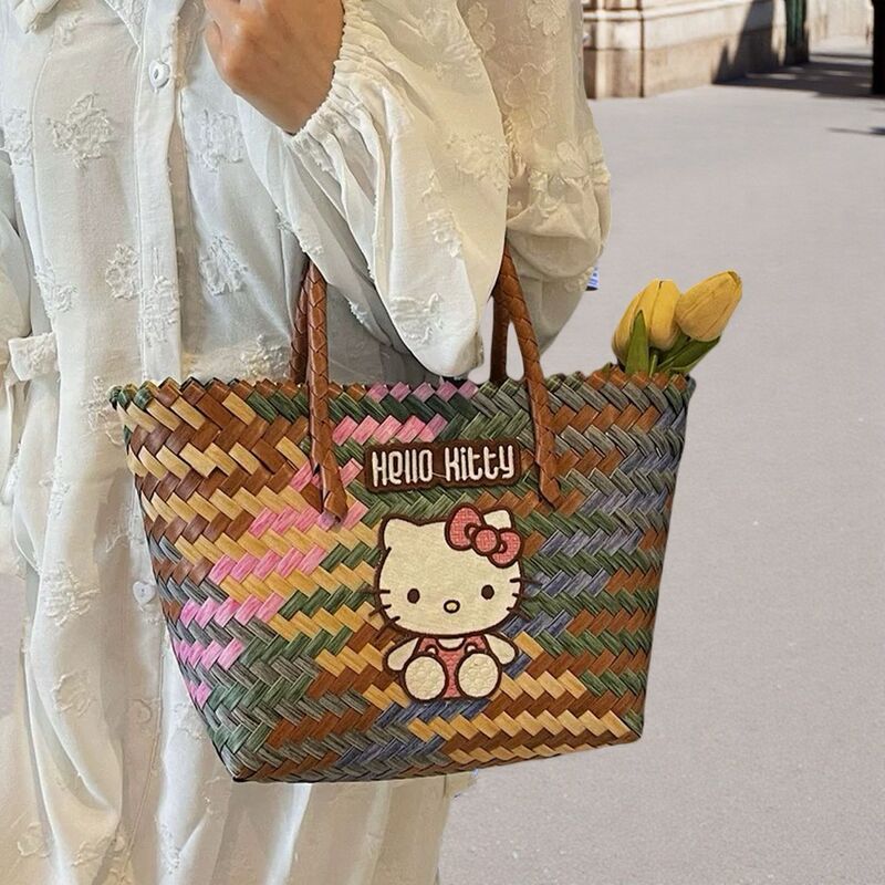 Cartoon Kt Cat Satchel Vegetable Basket Woven Bag for Women Summer Seaside Vacation Style Rattan Commuter Bag Hand-Held Beach Bag Cartoon Kt Cat Satchel Vegetable Basket Woven Bag for Women Summer Seaside Vacation Style Rattan Commuter Bag Hand-Held Beach Bag