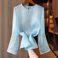ブルーの高級シルクオーガンザ新中式シャツ、女性用、夏秋新作、重刺繍入り、ラウンドネック、軽やかな中国風トップス