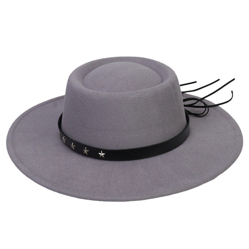 Sombrero de mujer transfronterizo Otoño e Invierno sombrero plano estrella de cinco puntas cinturón Accesorios Sombrero de lana sombrero de Panamá Jazz sombrero de hombre