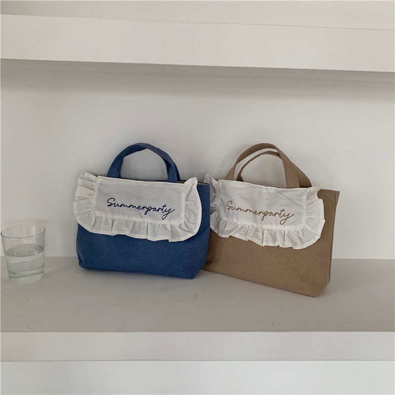 1441 Japanese and Korean chic Sweet ruffled bento Bag, Fresh embroidered hand-held small cloth bag, girl student bag wholesale Item Picture